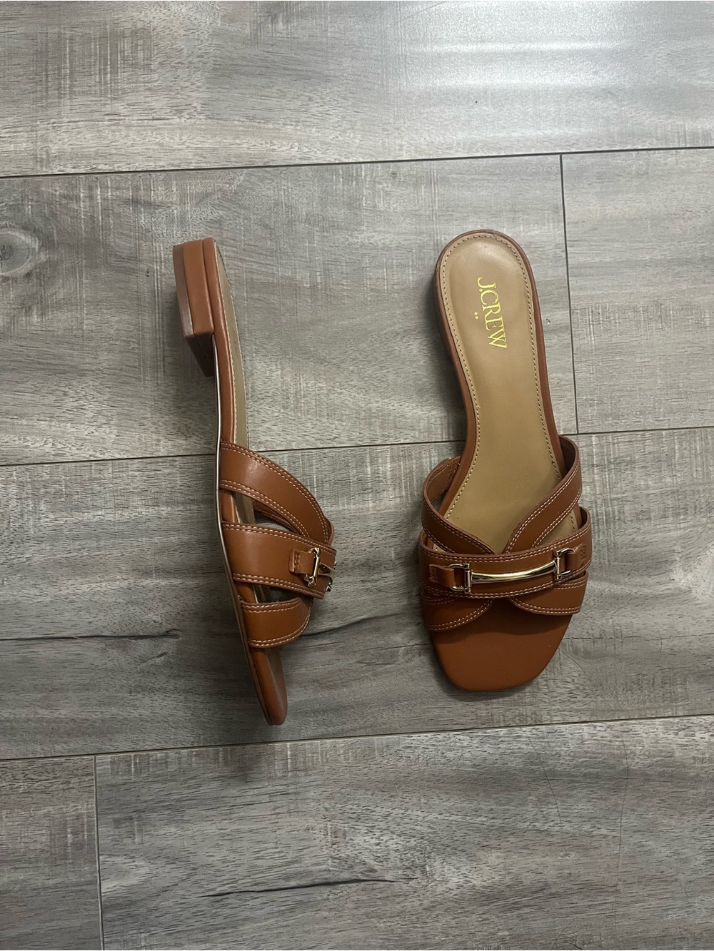 J. Crew 8 Tan Brown Leather Slide Mules with Buckle Sandals Leather Old Money